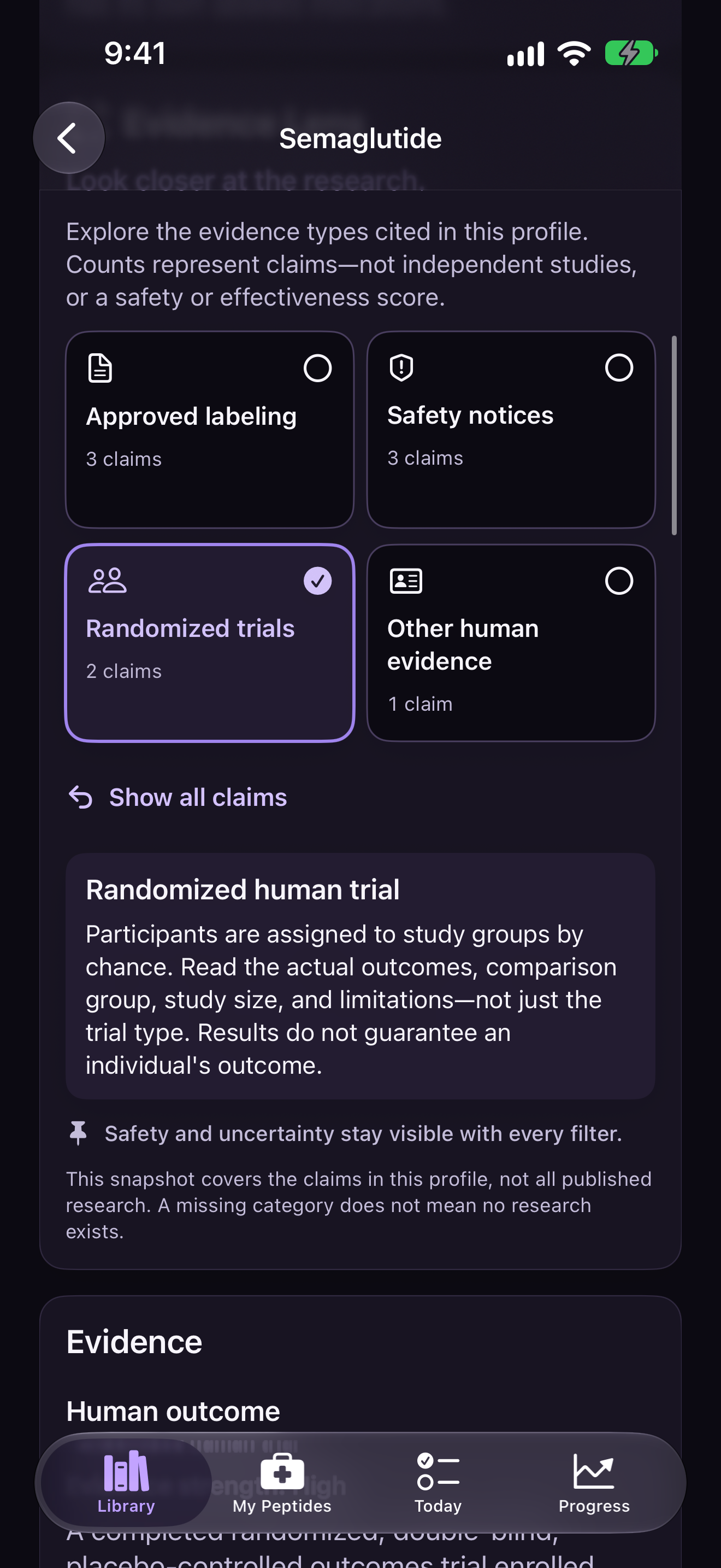Evidence Lens with study-type filters and a randomized human trial explanation.