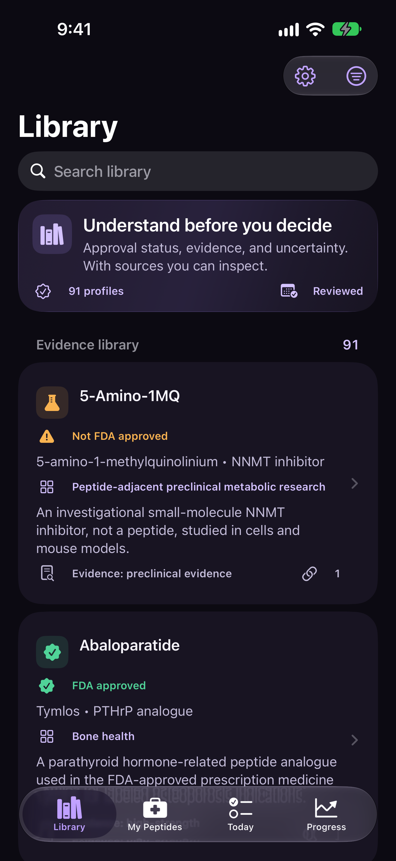 Peptide Clarity Library with search, filters, and cited peptide profiles.