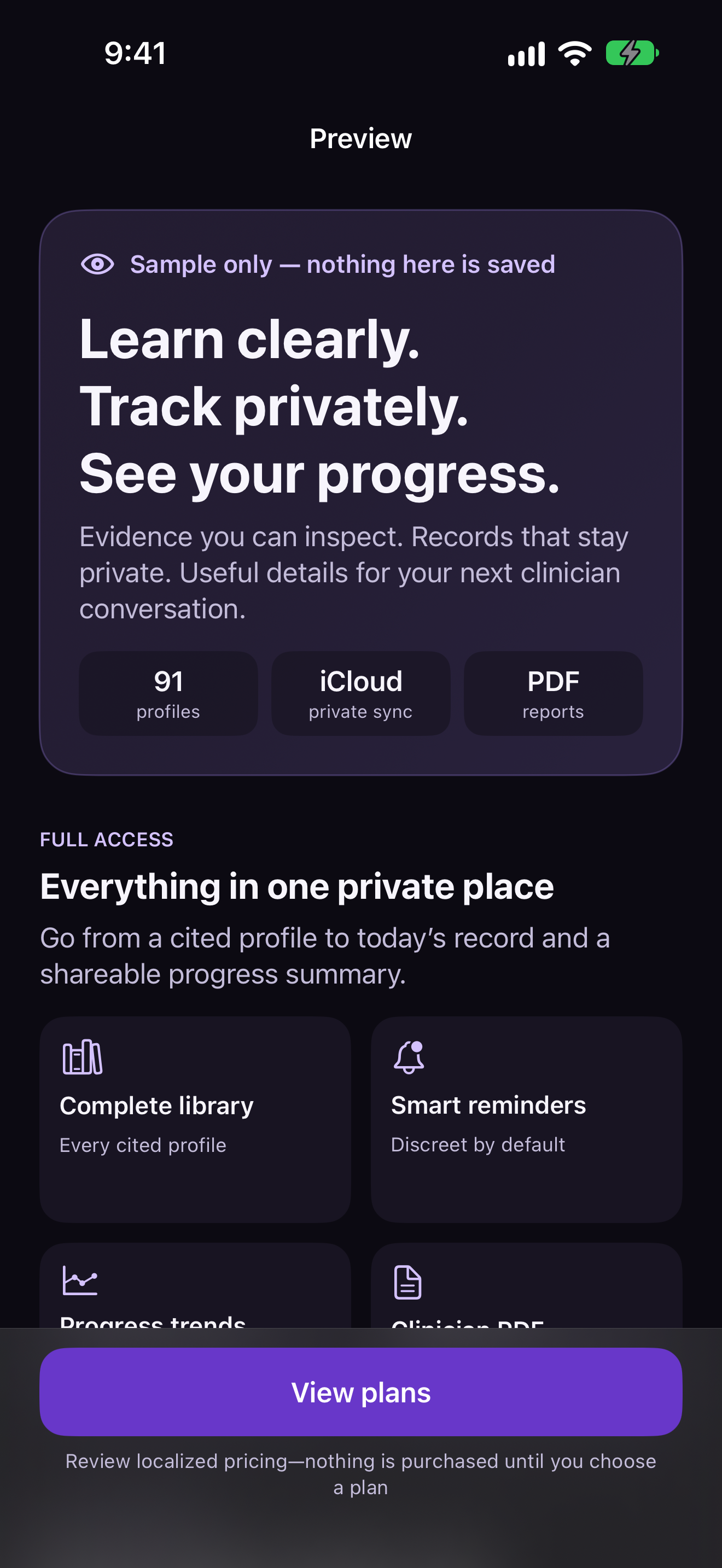 Peptide Clarity’s sample experience, explaining library, private records, and progress tools before subscription plans.