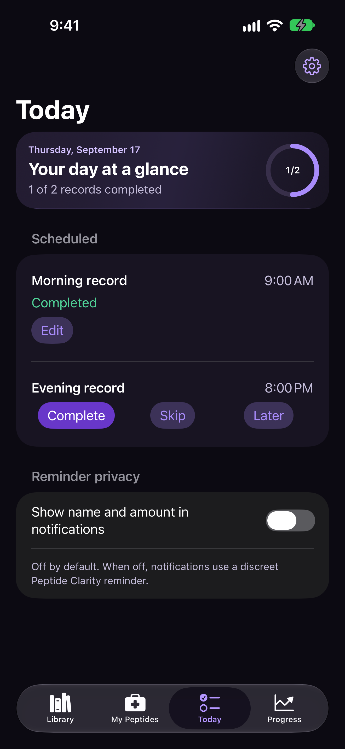 Today screen showing sample scheduled records and logging controls.